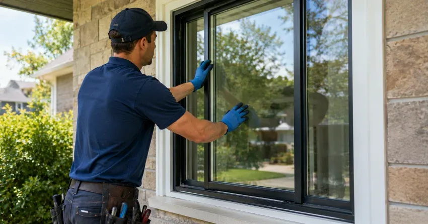 technician measuring a broken window pane for replacement in Thamesford
