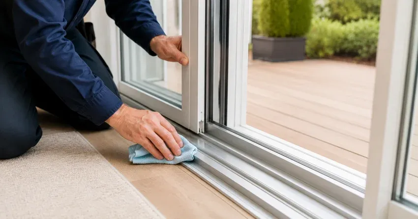 technician inspecting a sliding patio door track in Thamesford