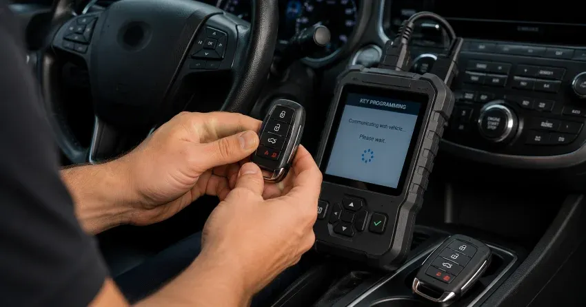 technician inspecting a worn car key before replacement in Thamesford