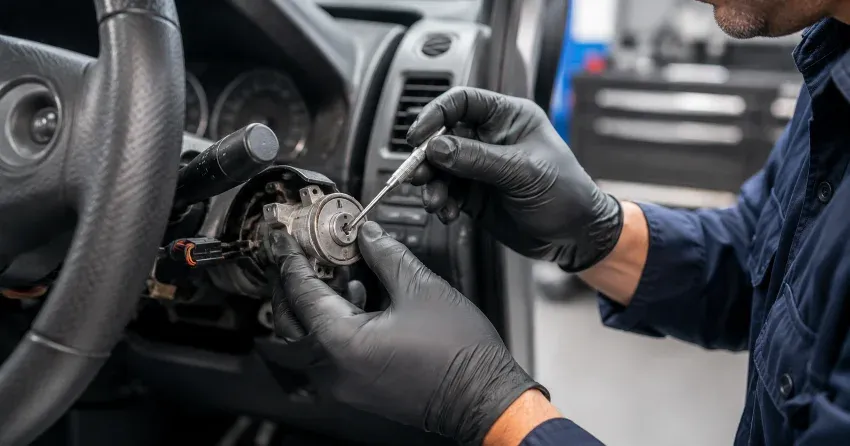 technician diagnosing an ignition lock repair issue in Thamesford