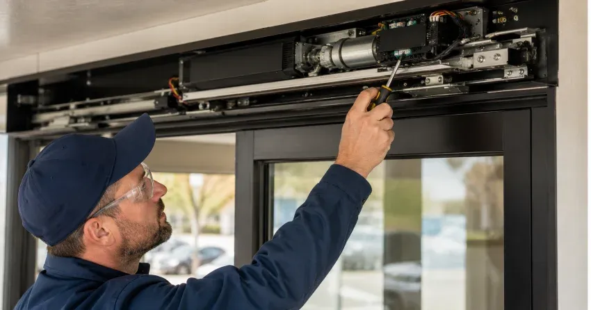 technician completing automatic door repair on residential property in Thamesford