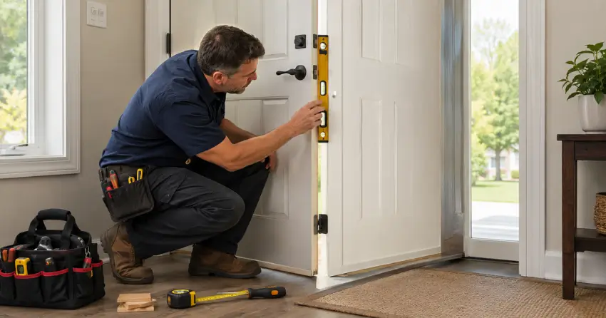 technician diagnosing a misaligned door frame in Thamesford