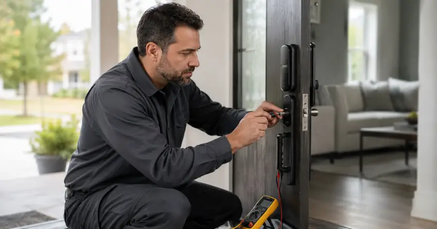 technician diagnosing automatic door lock mechanism on residential door in Thamesford