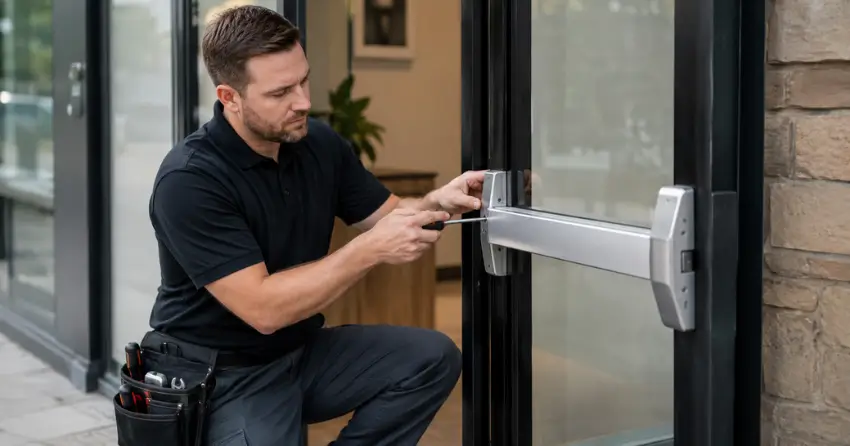 commercial locksmith repairing exit device on storefront door Thamesford