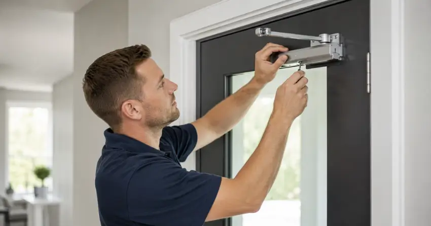 technician adjusting door closer hydraulic valve in Thamesford home