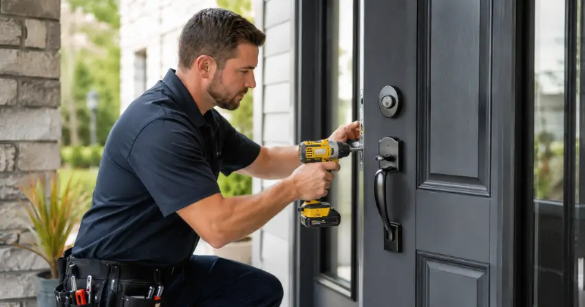 locksmith installing deadbolt lock on exterior door in Thamesford