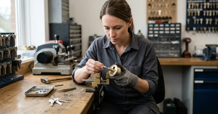 locksmith technician rekeying a deadbolt in Thamesford