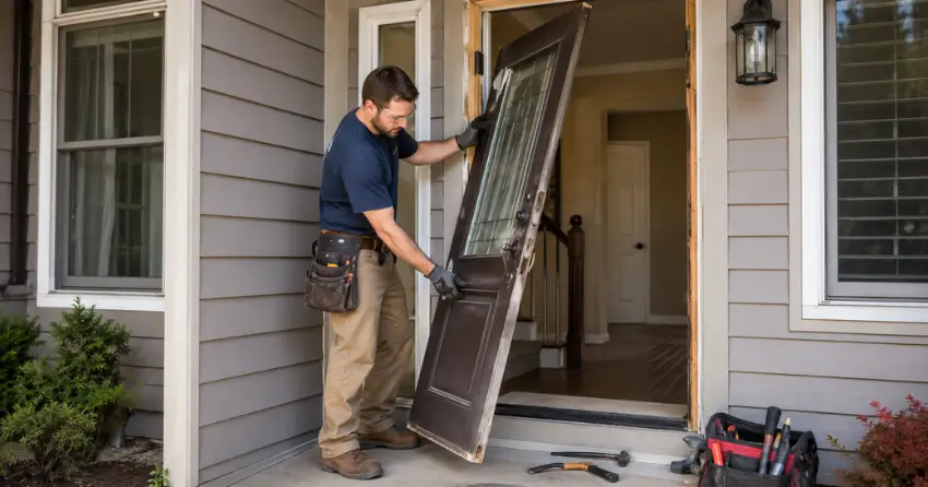 old exterior door being removed for replacement in Thamesford