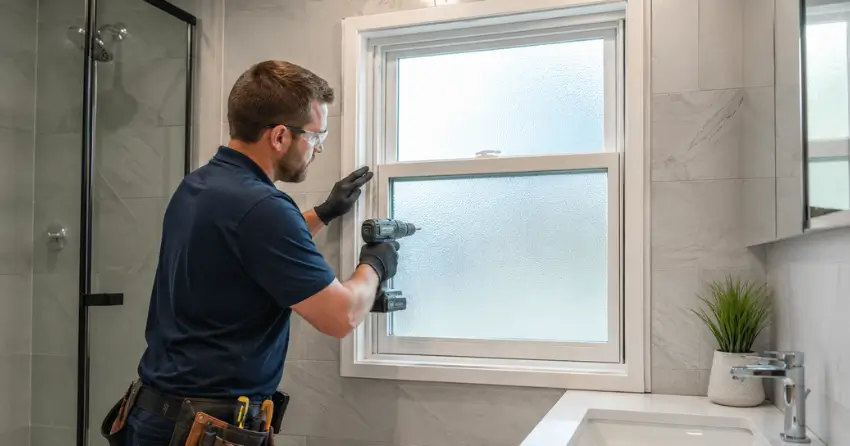 frosted glass installation bathroom window in Thamesford
