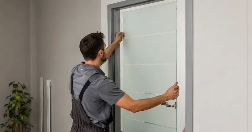 frosted glass interior door panel installation in Thamesford
