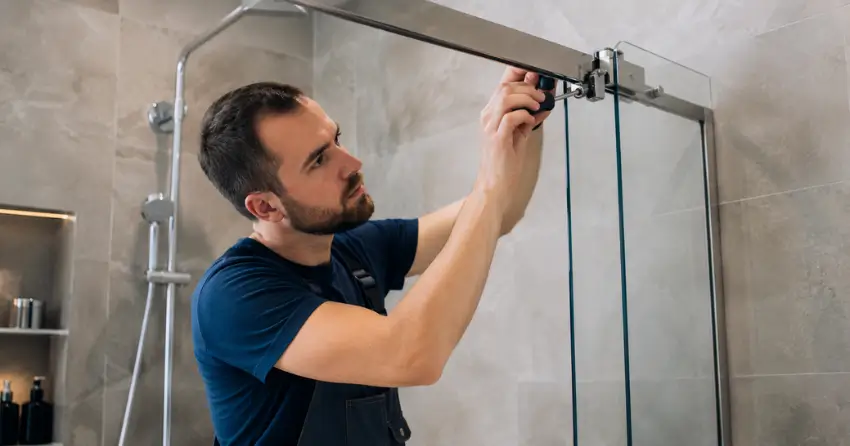 technician adjusting shower door hinge and track in Thamesford