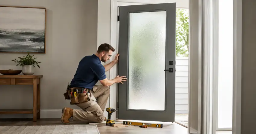 glass panel door installation with frosted privacy glass in residential setting in Thamesford