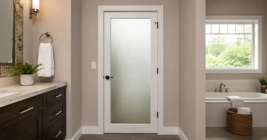 frosted glass panel bathroom door installed in a Thamesford home