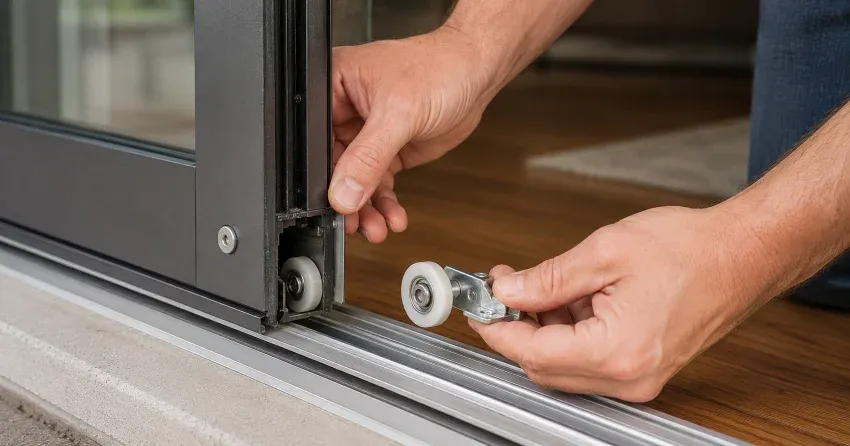 sliding door alignment Thamesford technician adjusting roller track