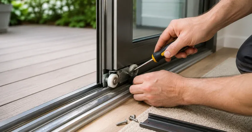 sliding door fix Thamesford technician diagnosing track issue