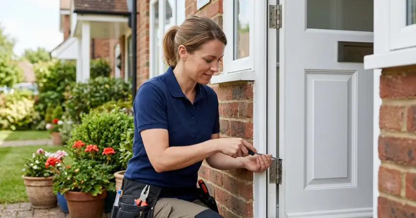 technician repairing exterior door hinge and frame in Thamesford