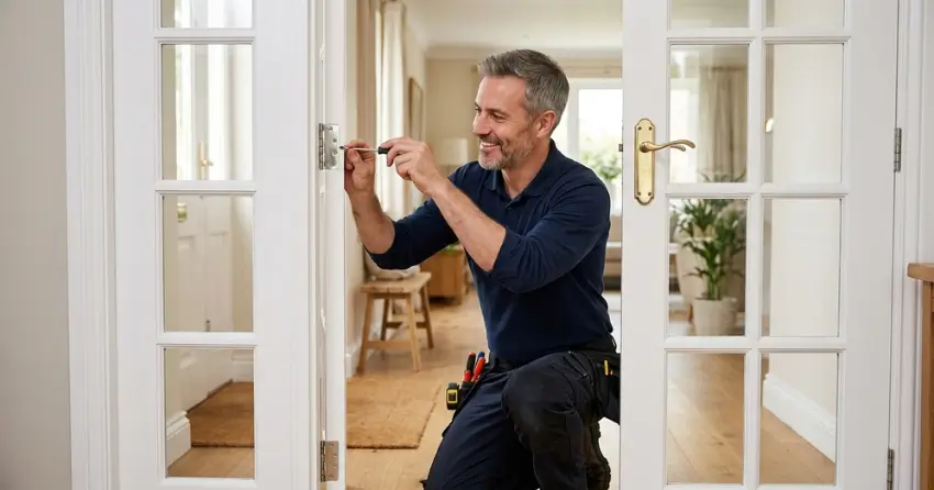 technician adjusting French door hinge for proper alignment in Thamesford