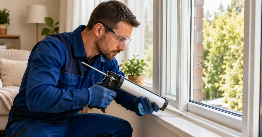 technician repairing window seal and frame in Thamesford