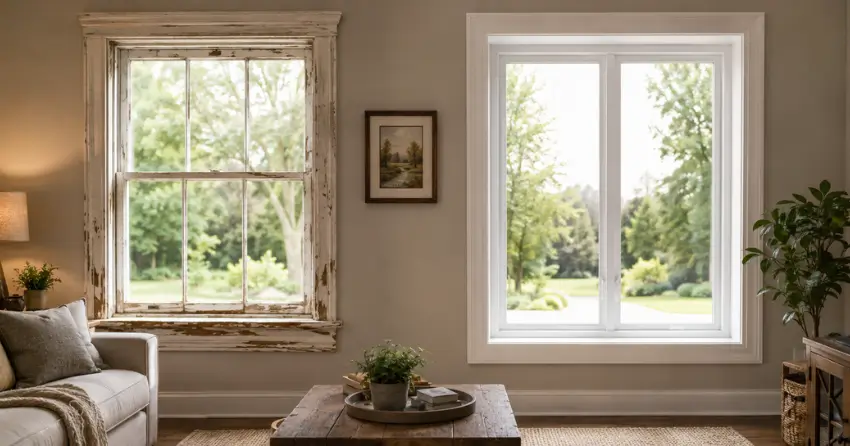 side by side comparison of old and new window in Thamesford