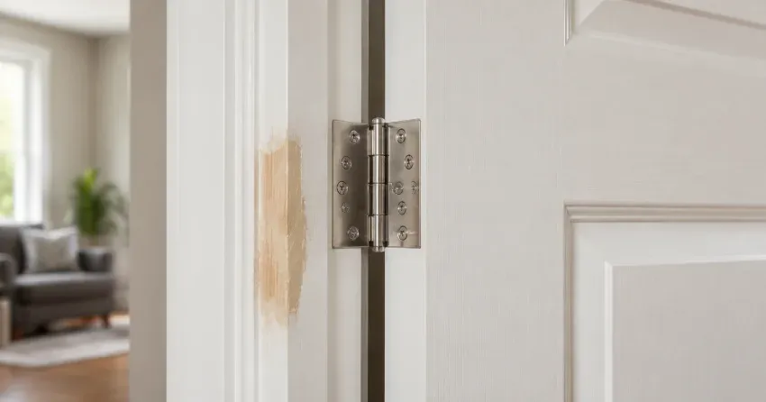 technician checking a warped door against a straightedge in Thamesford