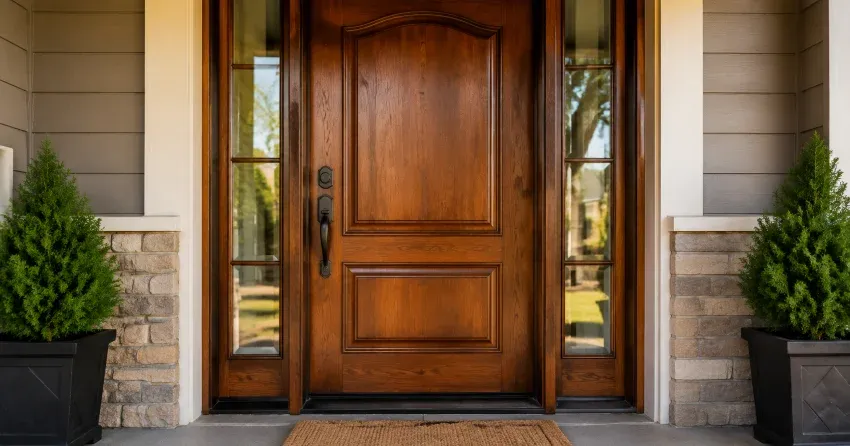 wood door mid-restoration showing stripped bare wood in Thamesford
