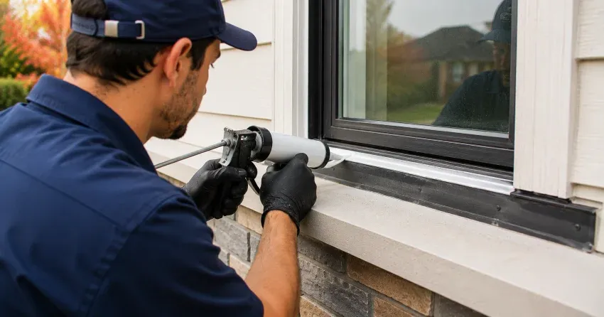 technician inspecting window flashing for leak source in Thamesford