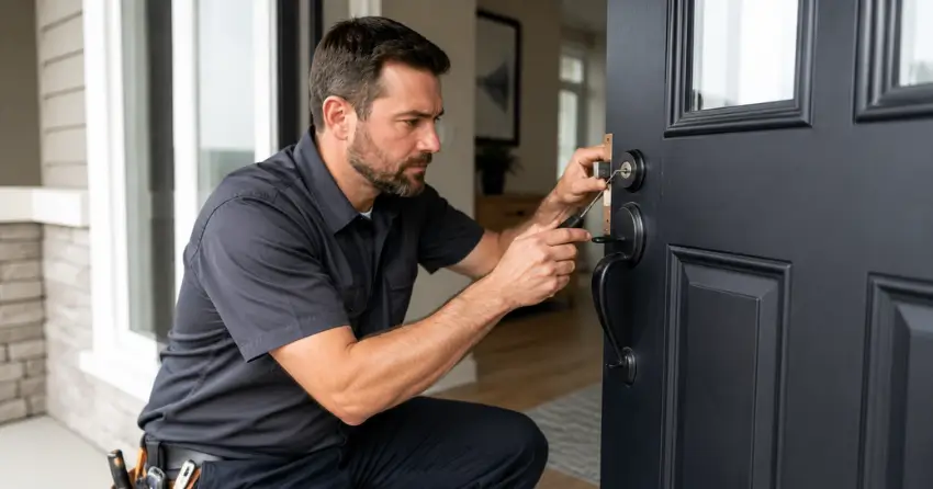licensed locksmith technician working on residential deadbolt in Thamesford