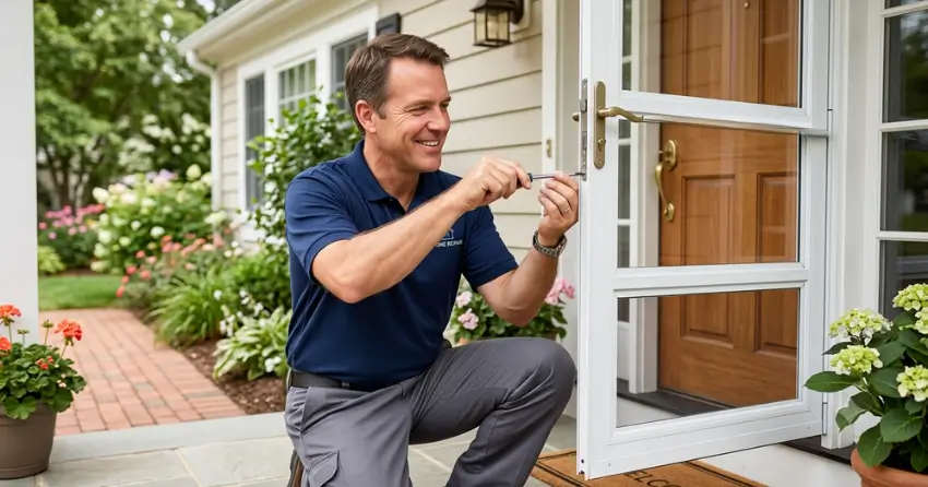 technician adjusting storm door hinge and closer in Thamesford