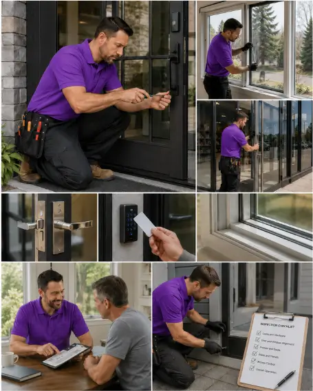 A technician fitting replacement hinges to a sagging entry door